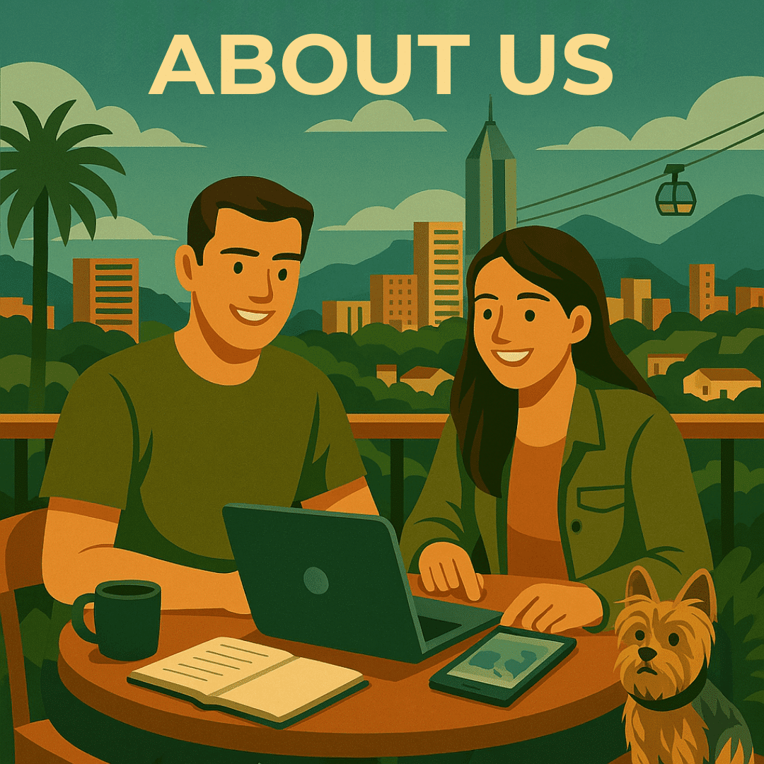 LearMore about who we are and our mission Illustration of Goran and Tatiana working on laptops with Medellin skyline in the background.