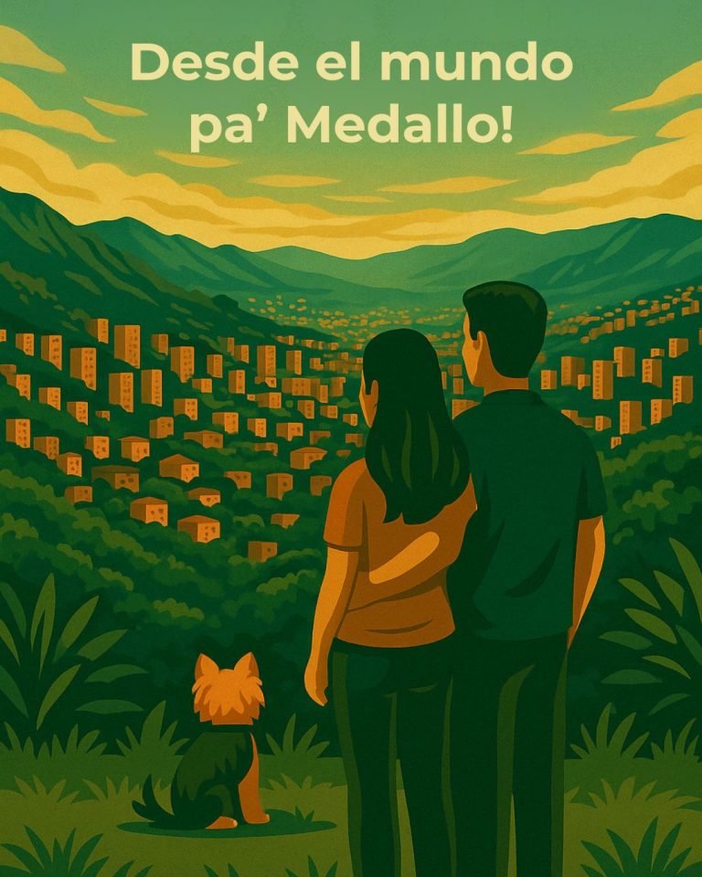 Illustration of a couple and a dog overlooking Medellin with the words “Desde el mundo pa’ Medallo” - About Medellin Insider