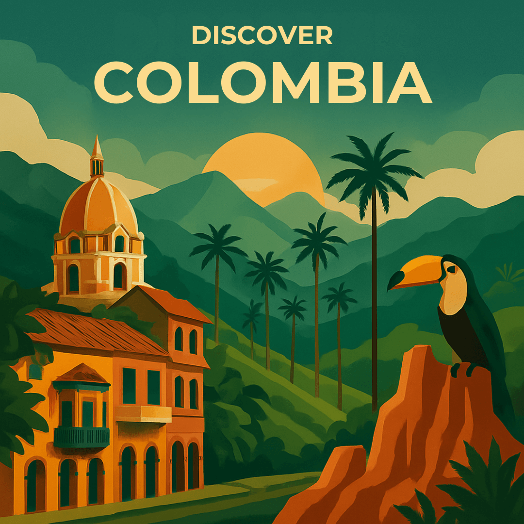 Discover the beauty of Colombia beyond Medellín Illustrated landscape with tropical mountains, palm trees, and toucan for Discover Colombia category.