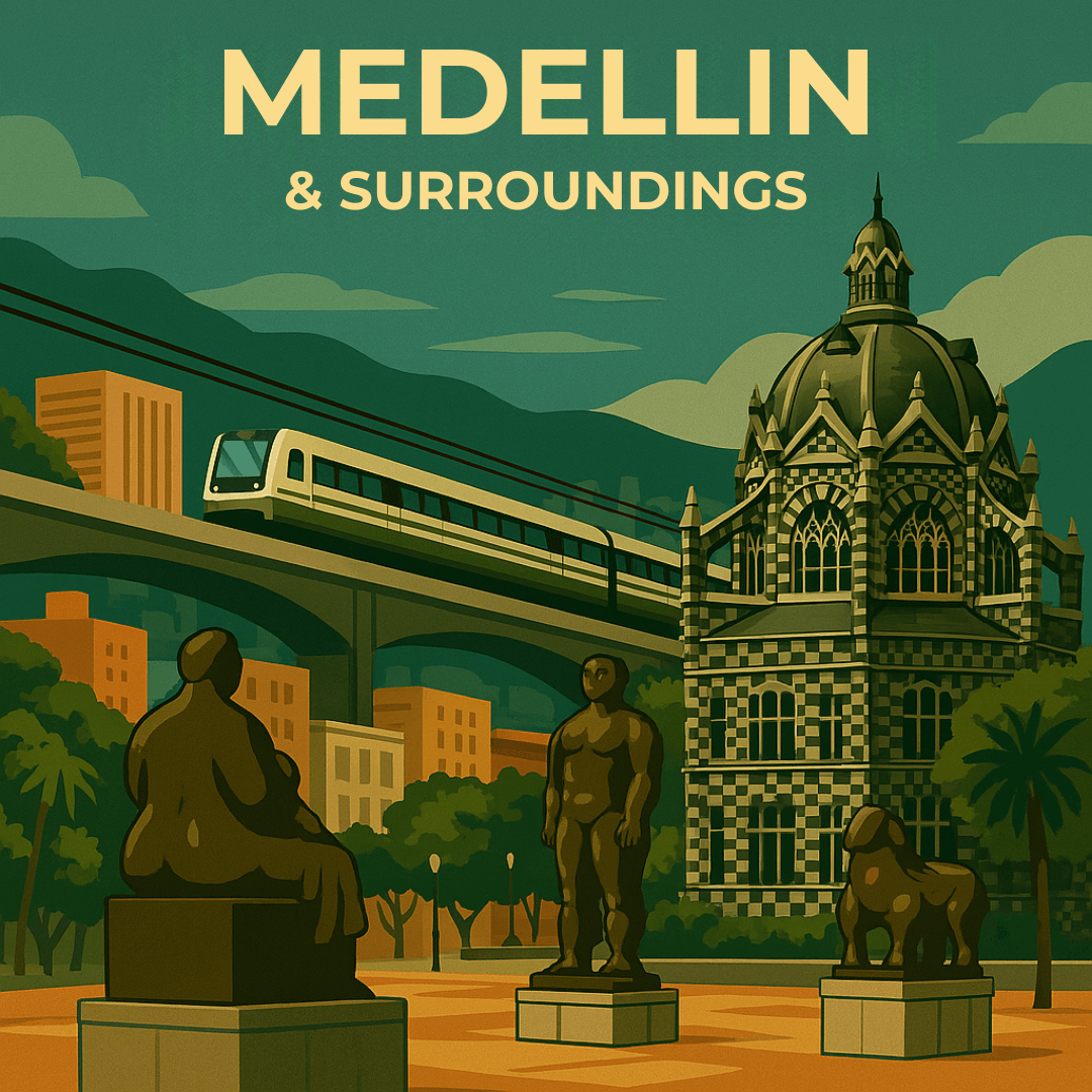 Explore Medellín and its surrounding areas Illustration of Medellin skyline with metro and Botero statues representing Medellin & Surroundings category.