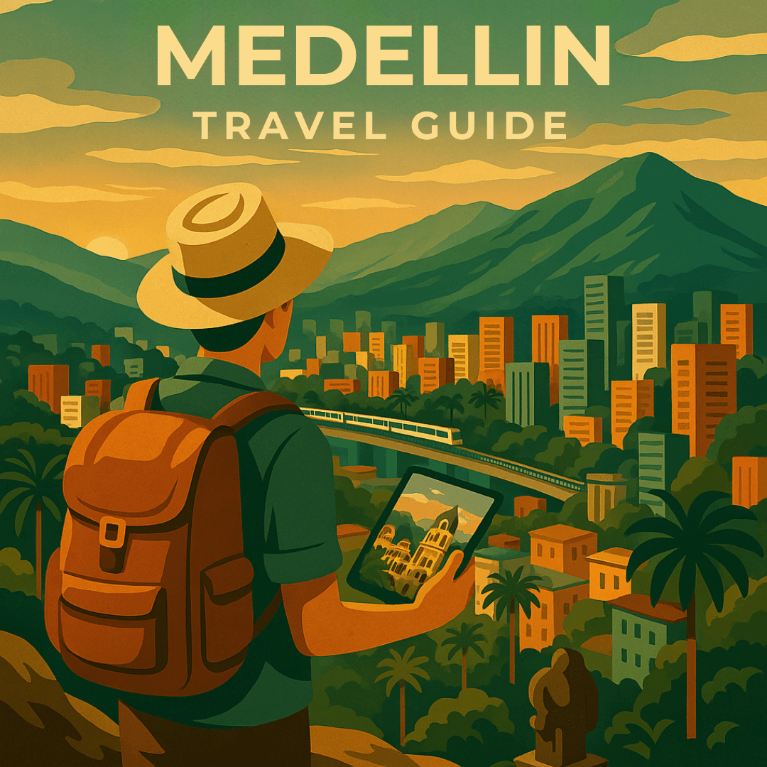 Explore our interactive Medellín travel guide Illustration of traveler overlooking Medellin city while reading the Medellin Travel Guide.