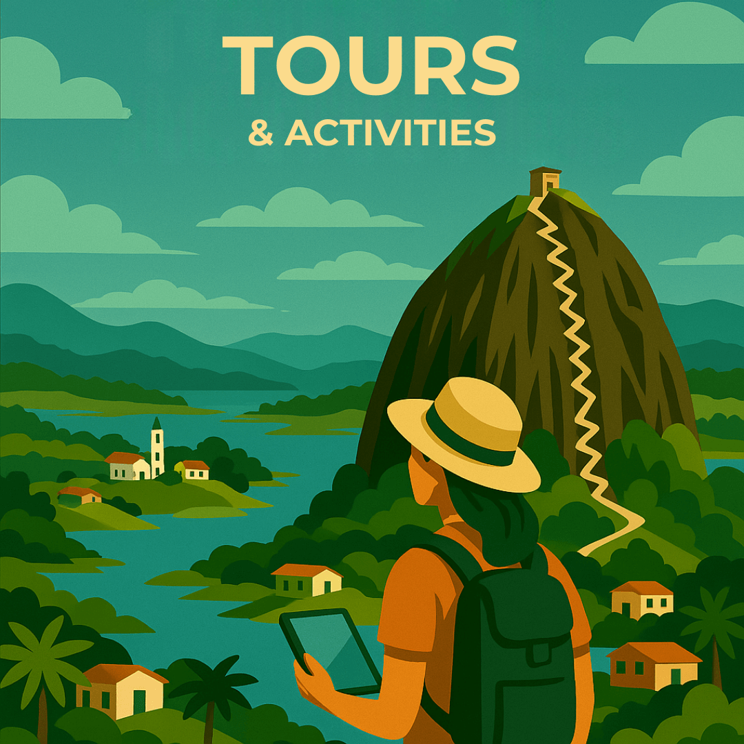 Discover the best Medellín tours and local experiences Illustration of travelers exploring Guatape rock and countryside for Medellin tours and activities.
