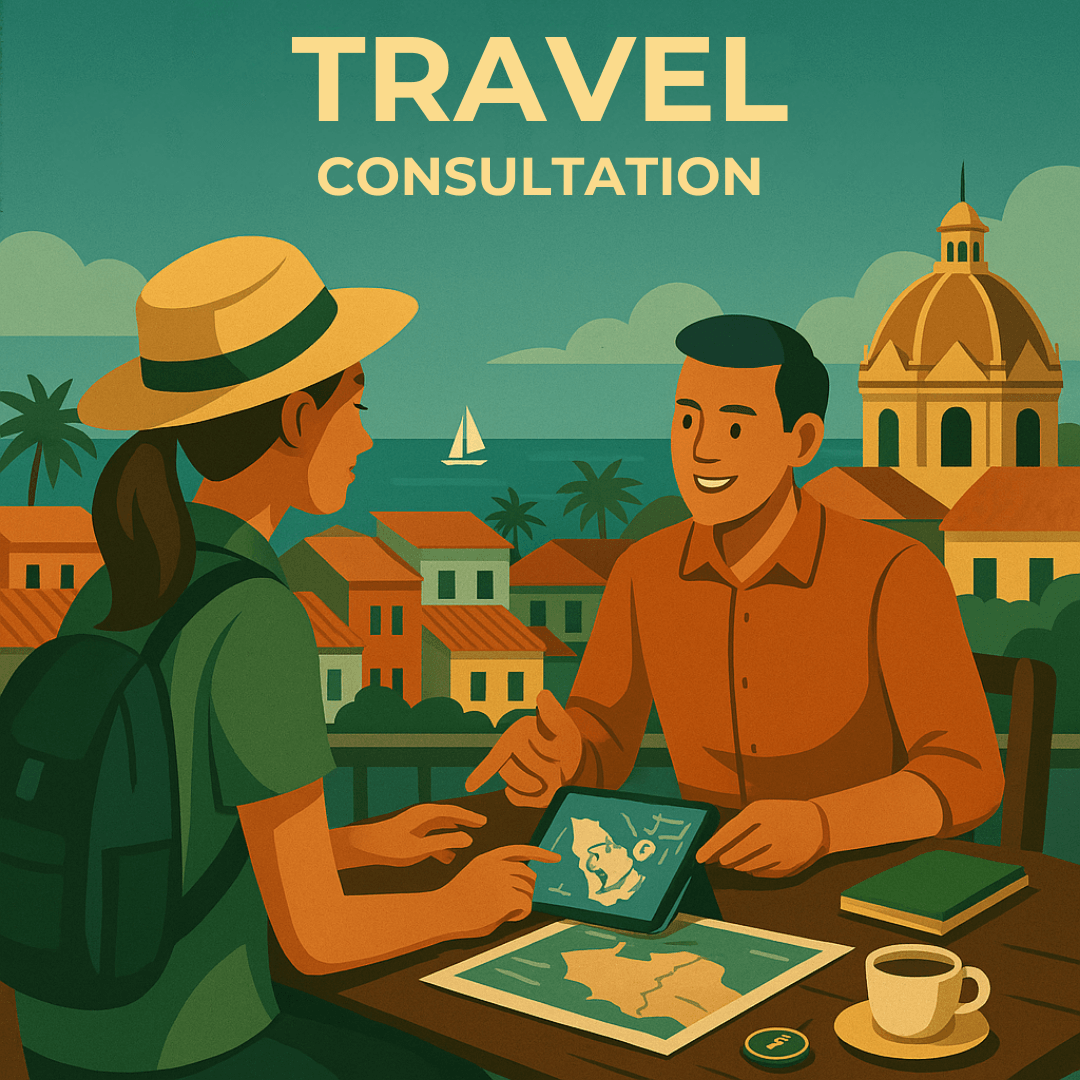 Book your personal travel planning session Illustration of travelers sitting with local consultants planning their trip to Colombia.