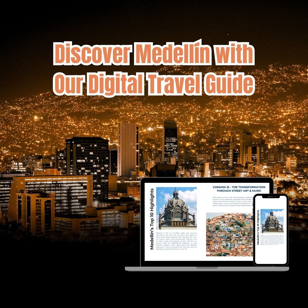 Discover Medellin with Our Digital Travel Guide Mockup of the Medellin Insider Digital Travel Guide shown on laptop and phone, with city lights of Medellin in the background – Discover Medellin with local tips, maps, and experiences.