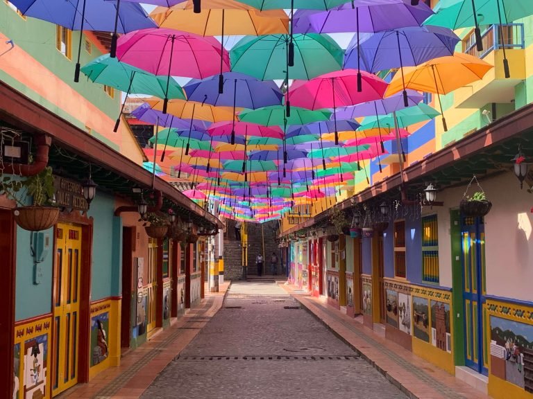 Famous umbrella street in Guatape – a must-see photo spot in Colombia’s most colorful town Colorful umbrella street in Guatape, Colombia, with traditional zócalos on both sides